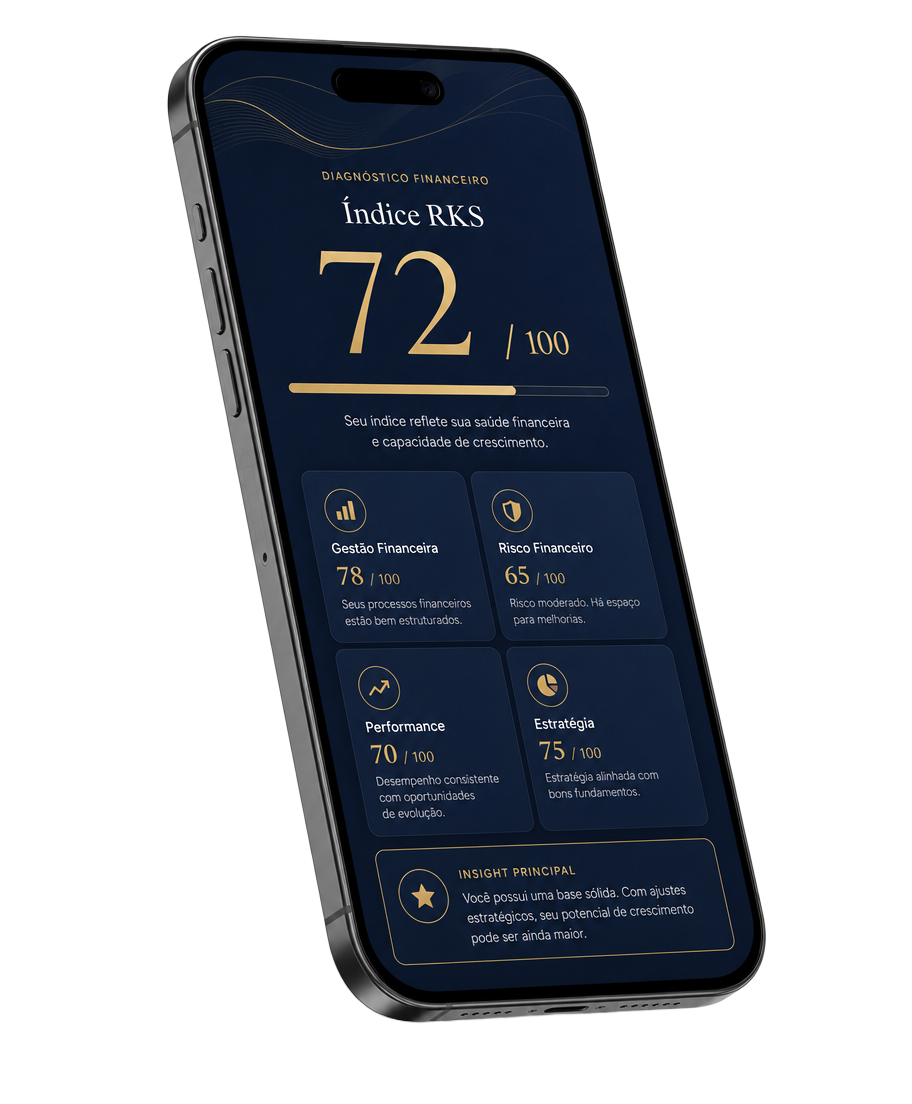 Prévia do resultado do Raio-X Financeiro RKS em um smartphone, com o Índice RKS e a nota de exemplo